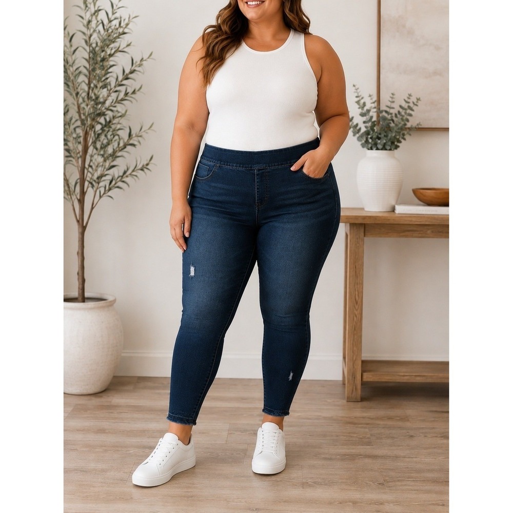 SPANX Large Dark Wash Distressed Denim Jeans Leggings with Raw Hem